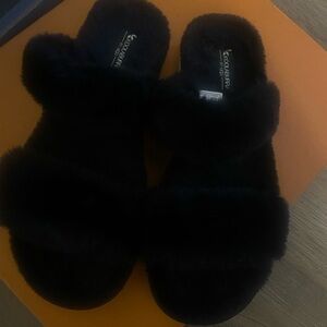 UGG KOOLABURRA  Black Faux Fur Double-Strap Slide Slippers (FUZZ ON )